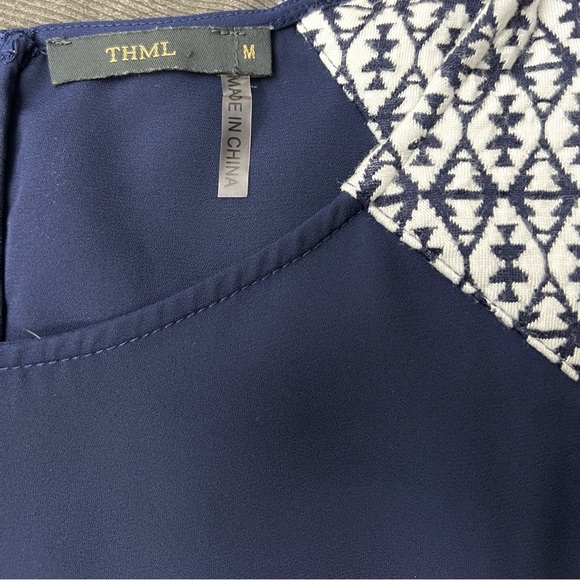 THML Navy White High Low Boho Bohemian Ethnic Blouse Casual long sleeve Tops - Picture 3 of 8